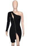 Black One Shoulder Single Sleeve Zipper Slit Mini Dress