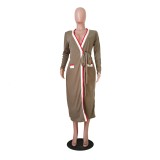 Khaki Long Sleeves Deep-V Wrapped Long Coat