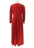 Plus Size Casual Red V-Neck Long Sleeves Maxi Dress