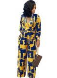 Yellow Print V-Neck Wrap Jumpsuit with Belt