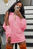 Pink Puff Sleeves Zipper Drawstring Hoody Mini Dress