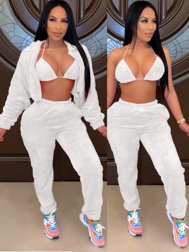 White Triangle Bra and Hoody Top and and Pants 3PCS Set