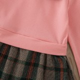 Kids Girl Pink Plaid Hem Long Sleeve O-Neck Skater Dress