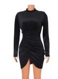Black Velvet Turtleneck Wrap Irregular Mini Dress