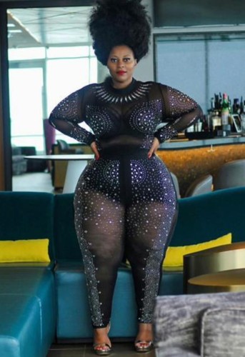 Plus Size Black Beaded Mesh See Through Bodycon Jumpsuit