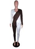 Brown and White Long Sleeve V-Neck Wrap Jumpsuit