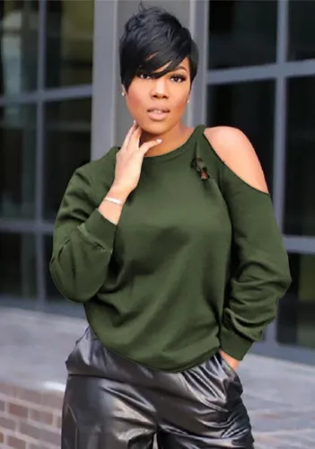 Green Shoulder-exposed O-Neck Loose Sweatshirt