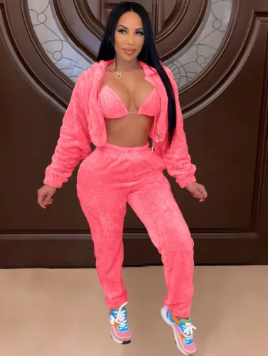 Rose Triangle Bra and Hoody Top and and Pants 3PCS Set