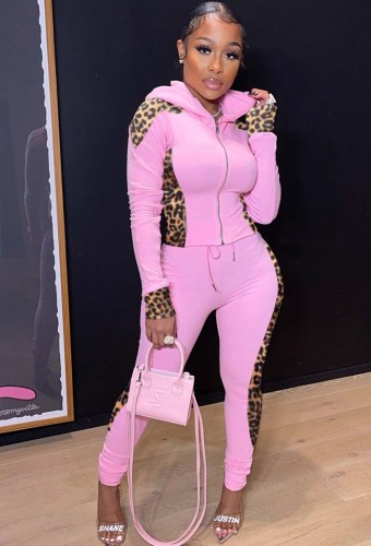 Leopard Print Pink Zipper Hoody Top and Pants Two Piece Set