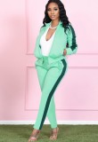 Green Wide Striped Turndown Collar Zip Top and Pants 2PCS Set