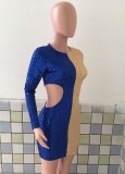 Blue and Glod Contrast Sequin Cut Out Long Sleeve Mini Dress