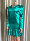 Green Silk Long Sleeve Mini Mermaid Dress