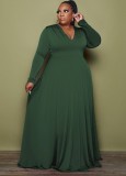 Plus Size Casual Green V-Neck Long Sleeves Maxi Dress