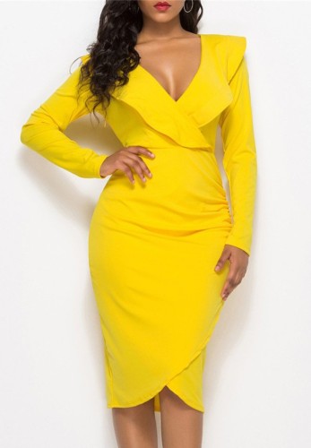 Yellow V-Neck Flounce Wrap Long Sleeve Elegant Midi Dress