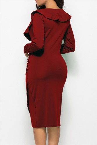 Red V-Neck Flounce Wrap Long Sleeve Elegant Midi Dress