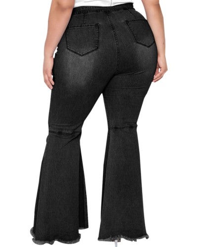 Plus Size Black High Waist Tassel Flare Jeans
