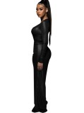 Black Metallic Deep-V Long Sleeve Trendy Jumpsuit