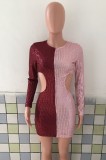 Red and Pink Contrast Sequin Cut Out Long Sleeve Mini Dress