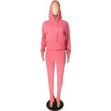 Pink Drawstring Hoody Top with Pocket and Slit Pants 2PCS Tracksuit