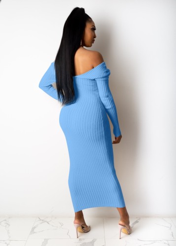 Sky Blue V-Neck Long Slim Fit Dress