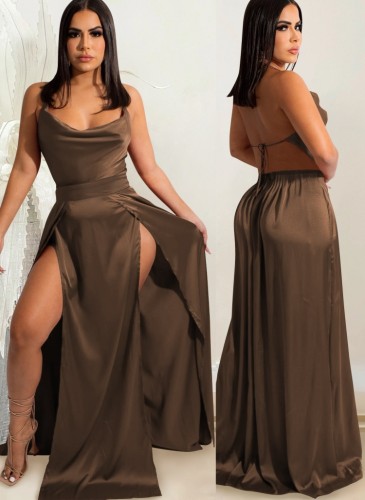 Brown Silk Backless High Split Cami Halter Long Evening Dress