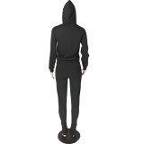 Black Drawstring Hoody Top with Pocket and Slit Pants 2PCS Tracksuit