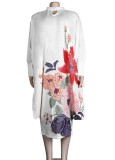Plus Size Flower Print White Keyhole Loose Midi Dress