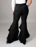 Black High Waist Ruffle Tassel Flare Jeans
