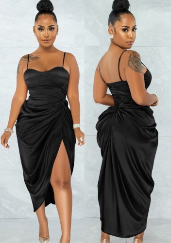 Black Silk Irregular Ruched Cami Long Dress