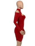 Red Cut Out Long Sleeve Turtleneck Mini Skinny Dress
