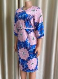 Pink Floral Blue 3/4 Sleeves O-Neck Midi Dress with Belt