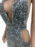 Silver Sequin Deep-V Keyhole Backless Halter Mini Cocktail Dress