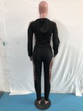 Leopard Print Black Zipper Hoody Top and Pants Two Piece Set