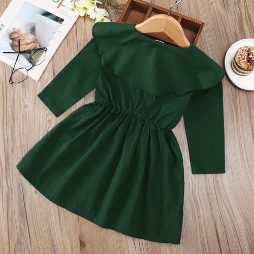 Kids Girl Dk-Green Long Sleeve Ruffle O-Neck Skater Dress