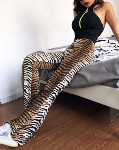 Trendy Tiger Pattern High Waist Flare Trousers