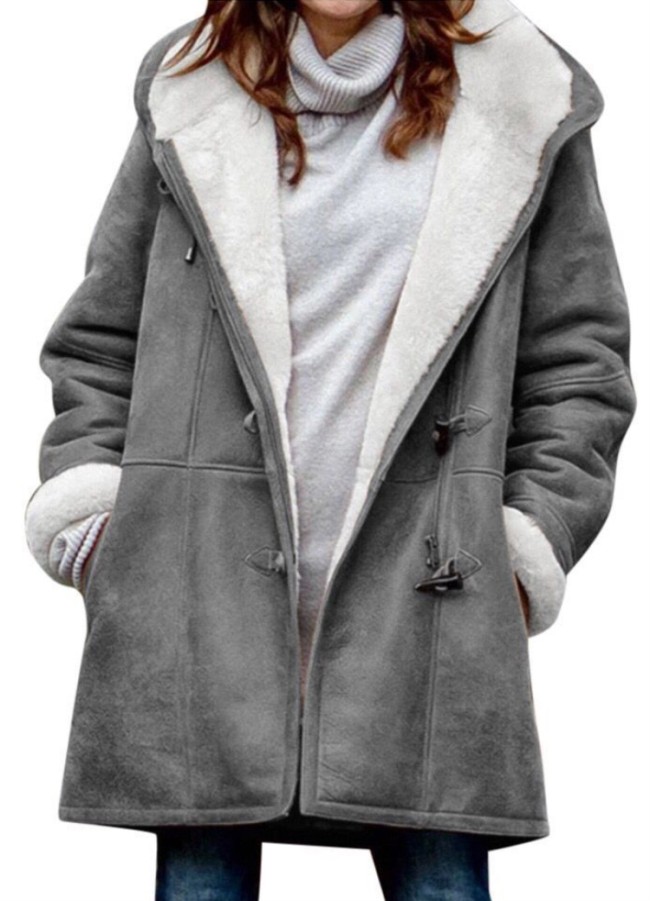 Grey Fleece Hoody Long Sleeves Button Open Long Jacket