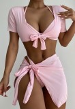 Pink Halter Bikini and Tie Crop Top with Mini Skirt 4PCS Set Swimwear