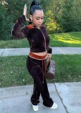 Brown Velour High Neck Crop Jacket and Pants Two Piece Tracksuit