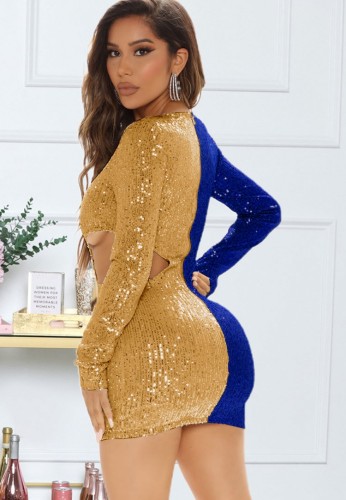 Blue and Glod Contrast Sequin Cut Out Long Sleeve Mini Dress