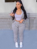 Grey Fleece Zipper Up Hoody Top and Drawstring Pants 2PCS Set