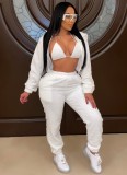 White Triangle Bra and Hoody Top and and Pants 3PCS Set