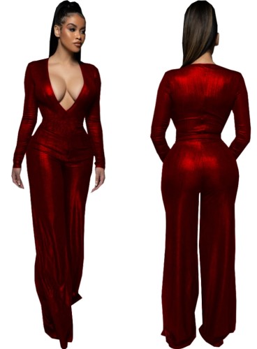 Red Metallic Deep-V Long Sleeve Trendy Jumpsuit