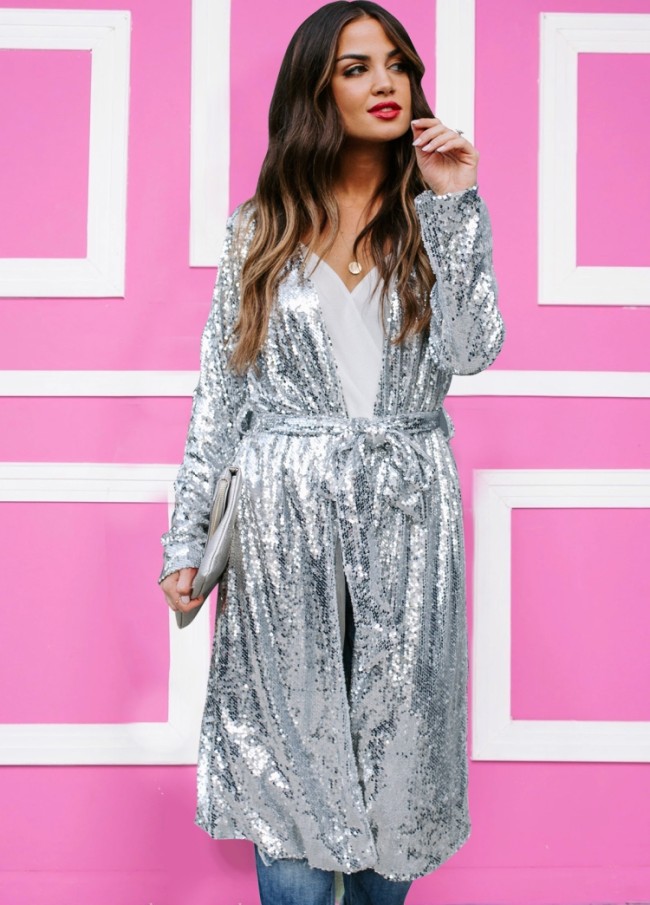 Silver Sequin Long Sleeve Long Cardigans with Belt