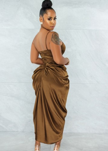Brown Silk Irregular Ruched Cami Long Dress