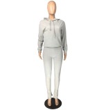 Grey Drawstring Hoody Top with Pocket and Slit Pants 2PCS Tracksuit