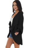 Black Kintted Bat Sleeves Irregular Long Cardigans with Pocket