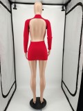 Red Open Back High Neck Long Sleeve Mini Dress