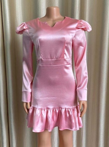 Pink Silk Long Sleeve Mini Mermaid Dress