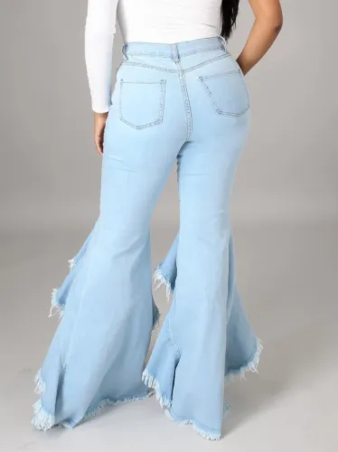 Lt-Blue High Waist Ruffle Tassel Flare Jeans