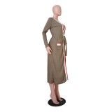 Khaki Long Sleeves Deep-V Wrapped Long Coat